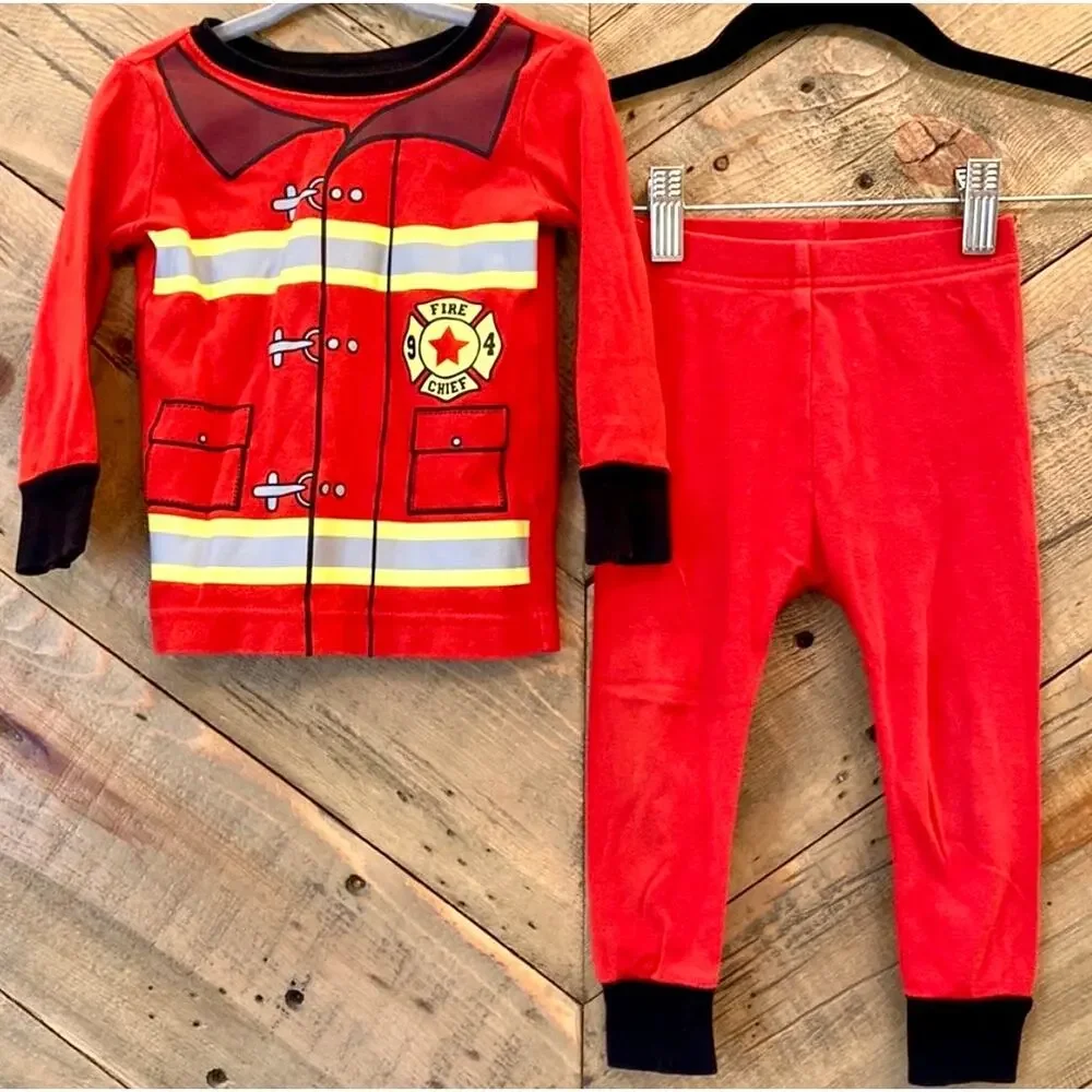 NEW OLD NAVY Unisex Red Yellow Firefighter Costume Pant Top Pajama PJ Set 18-24M